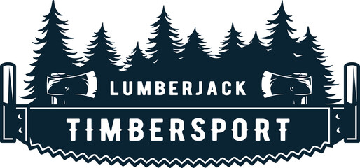 Lumberjack wood log with rings and saw for logo and emblem of carpenter. Timber or lumber with hacksawfor t-shirts print design of axeman, woodsman