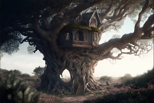 A tree house in a tree with bony finger like branches within a dark fantasy world