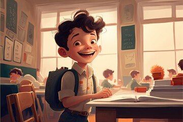 Illustrations of cartoonish diverse young people inside a classroom - Created with generative ai Technology - obrazy, fototapety, plakaty