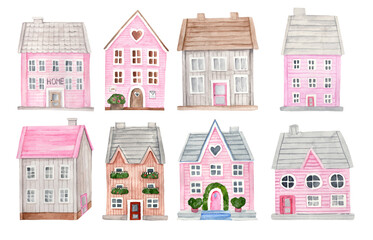 Watercolor cute pink houses for girl