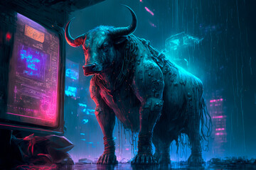 Cyber metallic bull in a cyberpunk city. Bull market