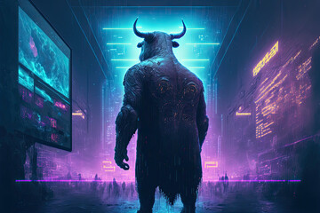 Bull in a futuristic city. Bullish market trend. Cyberpunk city.