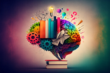 A coloful collage with books, cogs, a brain, lightbulb, intelligence, learning, education