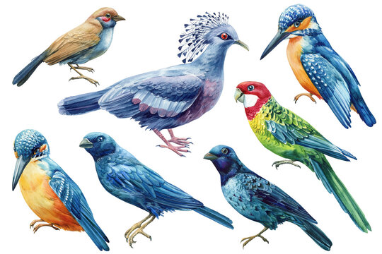 Watercolor tropical birds, crowned dove, parrot, kingfisher on a white isolated background, hand drawing