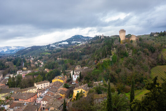 Cityscape From Above Of Little City Brisighella, Province Of Ravenna, Romagna, Italy, In A Winter Snowy Day