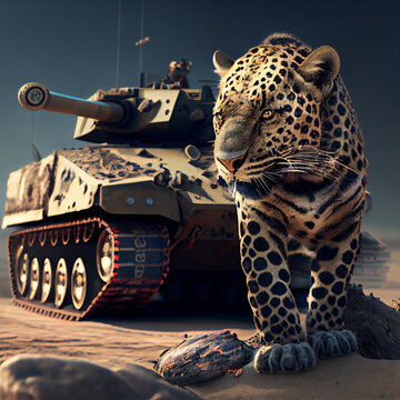 Tank and leopard animal. Big cat. Armed Forces