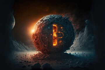 Round spaceship new planet. Space exploration. 