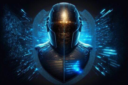 Data cyber protector shield warrior concept. Guard robot protection against fraud. Avatar crime defender. Generative Ai