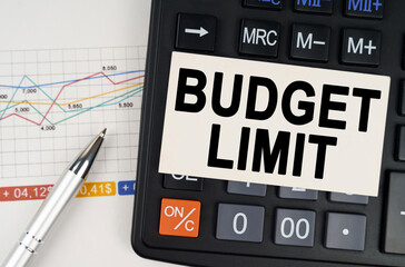 On the business chart lies a pen, a calculator and a business card with the inscription - budget...