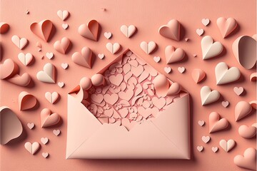  a pink envelope with hearts coming out of it on a pink background with hearts scattered around it and a pink envelope with a pink envelope.  generative ai