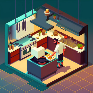 cooking in modern kitchen isometric
