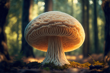 The rare Edible Lion's Mane Mushroom / Hericium Erinaceus / pruikzwam in the Forest. Beautifully radiant big giant mushroom. Generative ai - obrazy, fototapety, plakaty