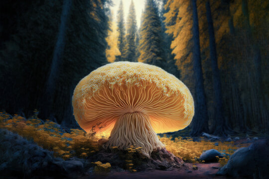 The rare Edible Lion's Mane Mushroom / Hericium Erinaceus / pruikzwam in the Forest. Beautifully radiant big giant mushroom. Generative ai