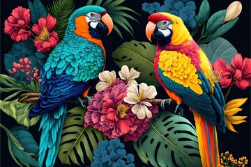  two colorful birds sitting on a branch of a tree with flowers and leaves around them, with a black background with a blue sky and red flower.  generative ai