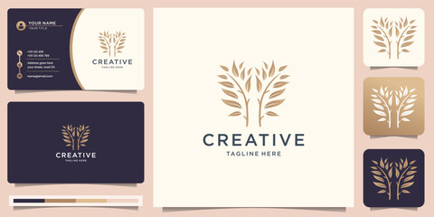 luxury tree logo design with business card. symbol tree leaf minimalism inspiration.