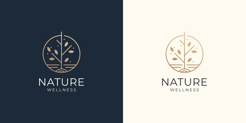 minimalist tree logo icon line style. circular tree concept with gold color. tree logo inspiration.