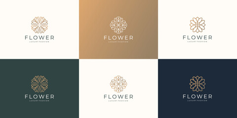 set of flower feminine design. icon floral logo set line minimalist with golden color inspiration.
