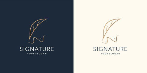 Minimalist quill feather pen signature logo design. handwriting concept logo and design golden color