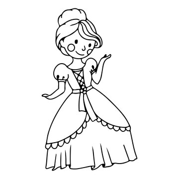 Cute princess in a ball gown. Coloring book A girl in a magical costume. Middle Ages. Vector illustration isolated on white background.