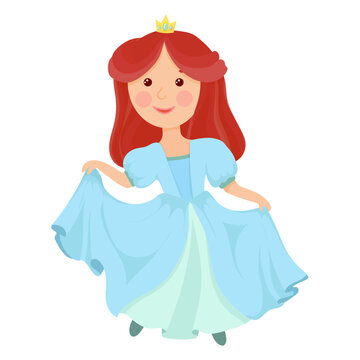A cute princess in a lush blue dress. A girl in a magical costume. Middle Ages. Vector illustration isolated on white background.