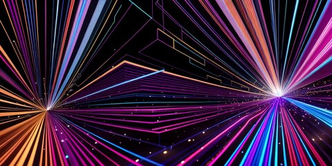 Abstract fiber optic lines with particles colliding, blue pink and orange CGI concept render, AI generated.
