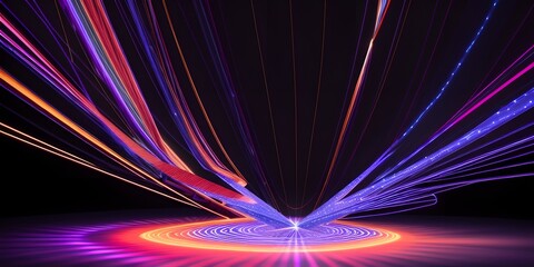 Abstract fiber optic lines with particles colliding, blue pink and orange CGI concept render, AI generated.
