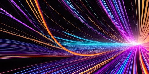Abstract fiber optic lines with particles colliding, blue pink and orange CGI concept render, AI generated.
