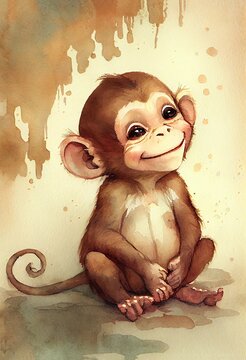 Watercolor illustration of a playful happy baby monkey Generative AI art