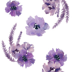 Fototapeta na wymiar Watercolor purple flowers clipart. Floral clip art. Handmade illustration for greeting cards, wallpaper, stationery, fabric, wedding card. Flower pattern.