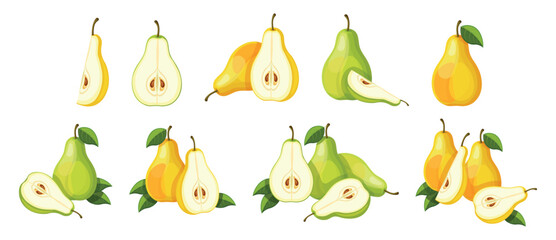 Set of fresh green and yellow pears in cartoon style. Vector illustration of tasty fruits whole and cut, large and small sizes with green leaves isolated on white background.