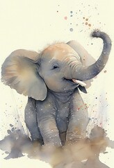 Watercolor illustration of a playful happy baby elephant Generative AI art