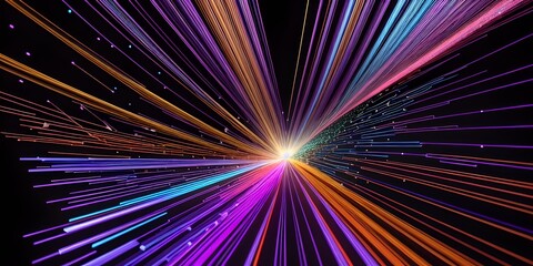 Abstract fiber optic lines with particles colliding, blue pink and orange CGI concept render, AI generated.