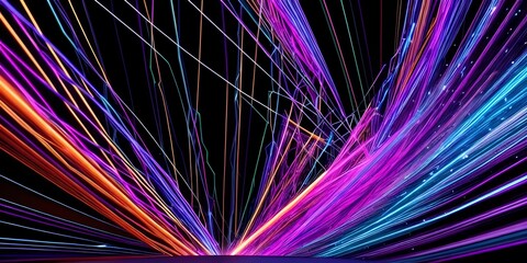 Abstract fiber optic lines with particles colliding, blue pink and orange CGI concept render, AI generated.