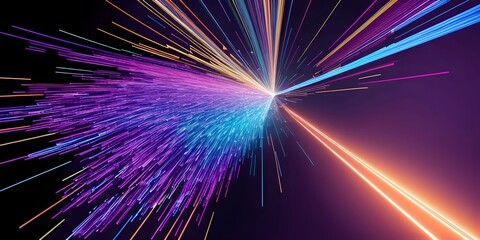 Abstract fiber optic lines with particles colliding, blue pink and orange CGI concept render, AI generated.