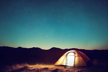 Naklejka na ściany i meble Night camping underneath the stars. Tent illuminated by light. High contrast with starry night sky. Hiking. Generative AI