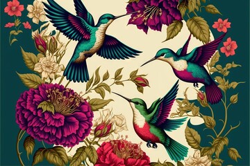  a picture of a bunch of birds flying around flowers and leaves on a white background with green and pink colors and a green border with pink and white flowers.  generative ai