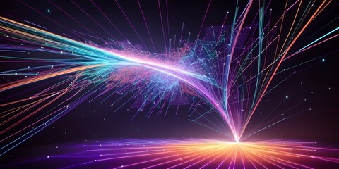 Abstract fiber optic lines with particles colliding, blue pink and orange CGI concept render, AI generated