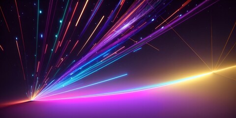 Fototapeta na wymiar Abstract fiber optic lines with particles colliding, blue pink and orange CGI concept render, AI generated
