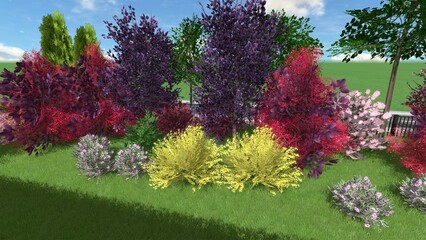 3D illustration of modern landscape design of the administrative territory. Computer visualization of landscaping. Contrasting composition from a group of plants.