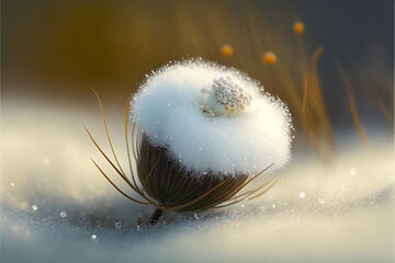  a white flower with a tiny flower on it's head in the snow with bubbles on it's head and a yellow background.  generative ai