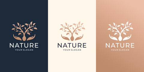 Fototapeta na wymiar set Tree vector icon. Nature trees with hand care concept vector illustration logo design.