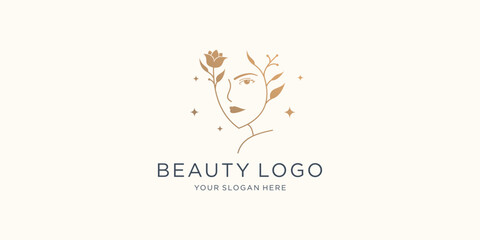 beauty logo template. linear abstract face beauty women salon and floral logo in gold color.