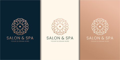 geometric salon and spa logo line style concept in circle shape design. golden color inspiration