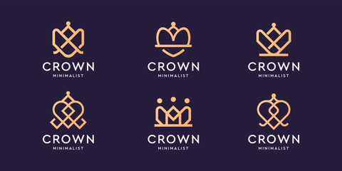 Set of linear crown icons. Royal, luxury symbol. King, queen abstract geometric line shape logo.