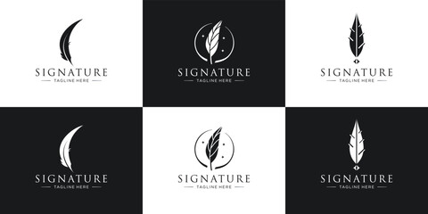 Minimalist feather ink logo template on black and white background.