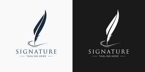 Creative quill signature logo design with minimalist feather ink logo template illustration
