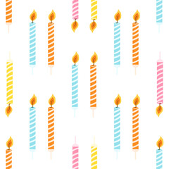Seamless pattern with colorful birthday candles with burning flame. Vector texture for wrapping paper, fabric print, kids textile, cover, card design