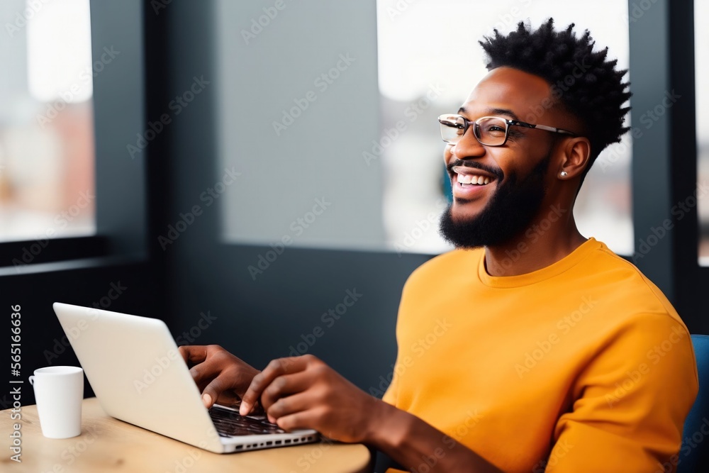 Wall mural Candid portrait of an African American man using a laptop computer in a modern, well lit cafe restaurant, video call, remote work concept, work from anywhere, generative ai