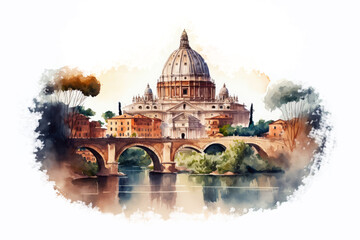 Fototapeta na wymiar Watercolor drawing picture of city scape view of Rome Italy. Generative ai