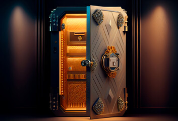 Security metal safe with expensive gold and diamond inside. Ai generated - obrazy, fototapety, plakaty